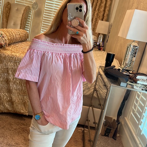 Vineyard Vines Pink Summer Vacation Stripe Off Shoulder Top Small - Picture 2 of 6